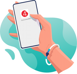 Drawing of hand holding a phone with Outcomes4Me app icon