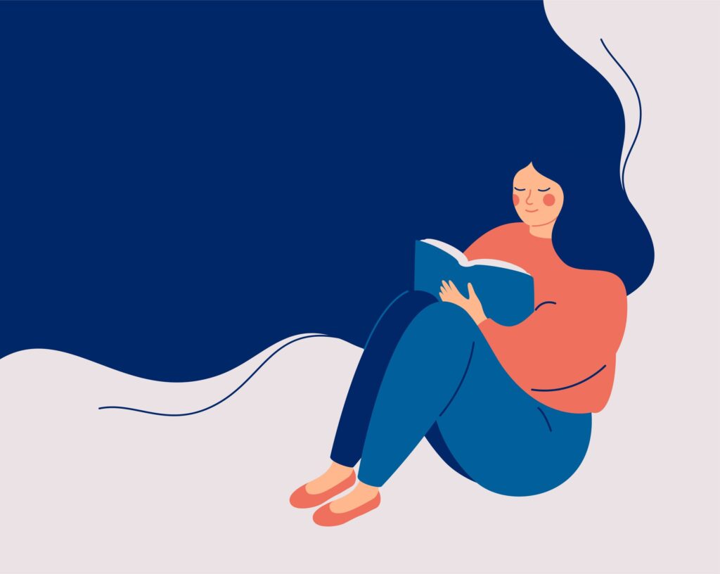 Illustration of woman reading a book with long flowing blue hair, orange top, blue pants