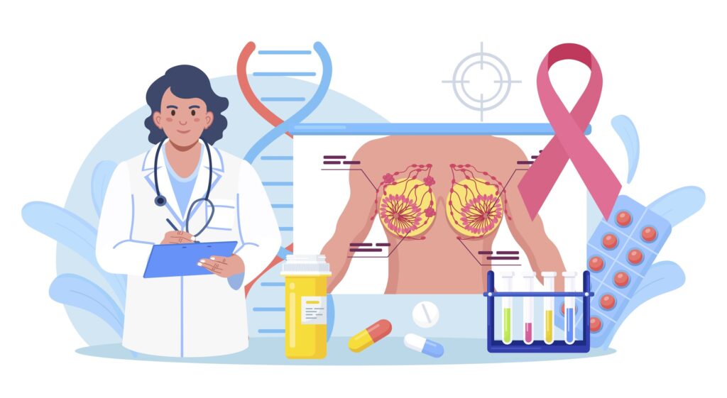 Illustration of doctor along with medications, test tubes, images of breast tissue.