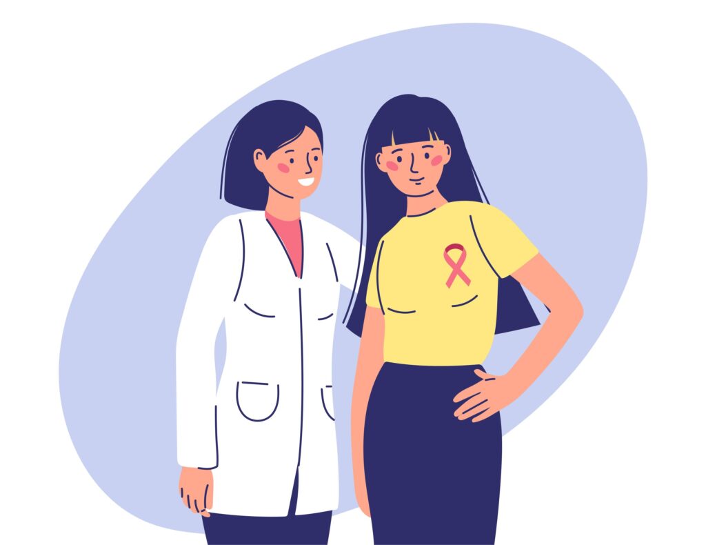 Illustration of a doctor placing their arm around a breast cancer patient