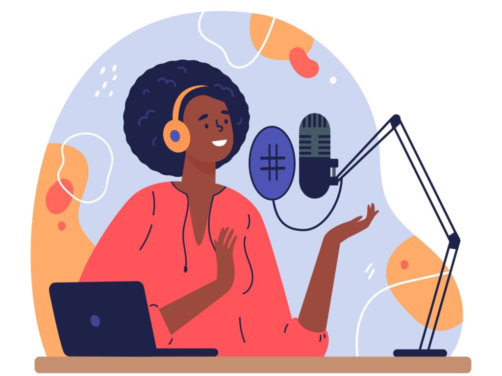 illustration of woman sitting at microphone