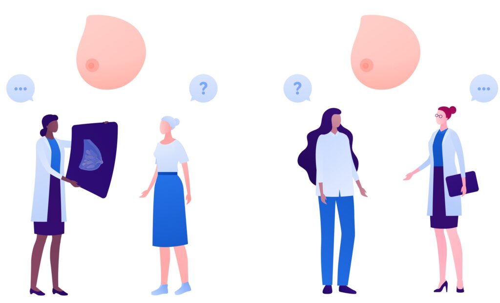 illustration of patients discussing breast scans with doctors