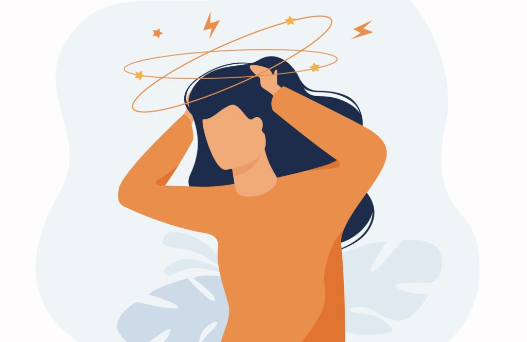 Illustration of woman feeling dizzy, swirls and lightning bolts around her head