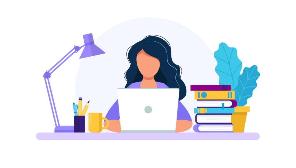 Illustration of woman sitting in front of a laptop at a desk, piles of books next to her