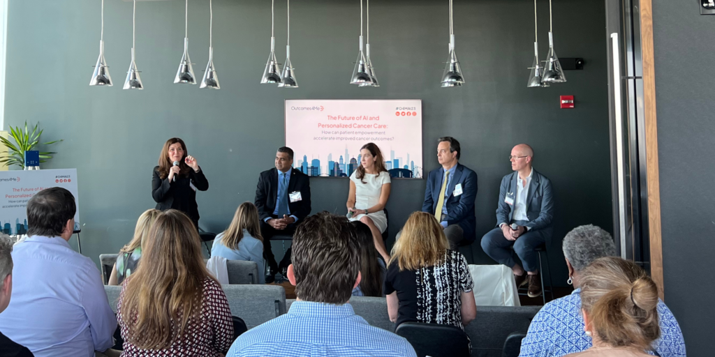 Pictured from left to right: Dr. Maya Said, Founder and CEO, Outcomes4Me (moderator) Dr. Prasanth Reddy, SVP, Global Enterprise Oncology Head, Labcorp Suzanne Garner, Stage II breast cancer survivor & NATALEE trial participant Dr. Steven Isakoff, Associate Director, MGH Cancer Research Dr. Kyle Holen, SVP Head of Development, Therapeutics and Oncology, Moderna