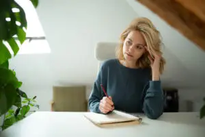 woman at home sitting at desk with a notebook