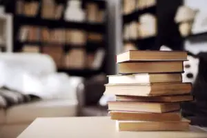 stack of books in home interior