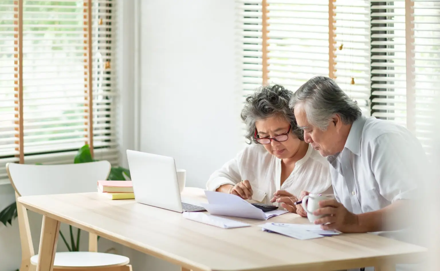 older couple reviewing bills and expenses sitting down at table