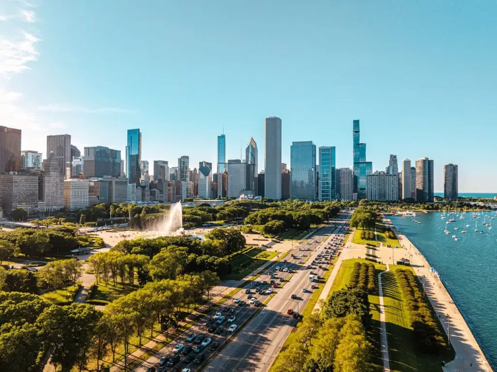 Aerial View of the Clarence F. Buckingham Memorial Fountain at Grant Park in Chicago, Illinois USA