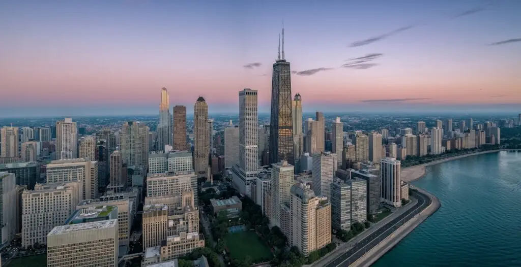 Aerial view of Chicago at golden hour