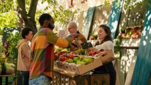 people shopping at farmer's market getting produce