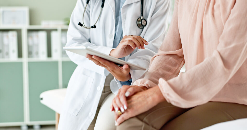Clinic, tablet and hands of doctor with patient for consulting