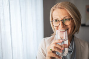 Smiling elderly woman drinking a glass of water by the window