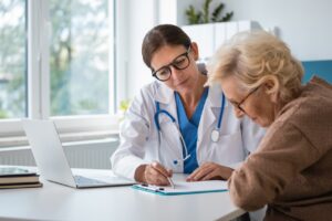 Female doctor discussing with senior woman