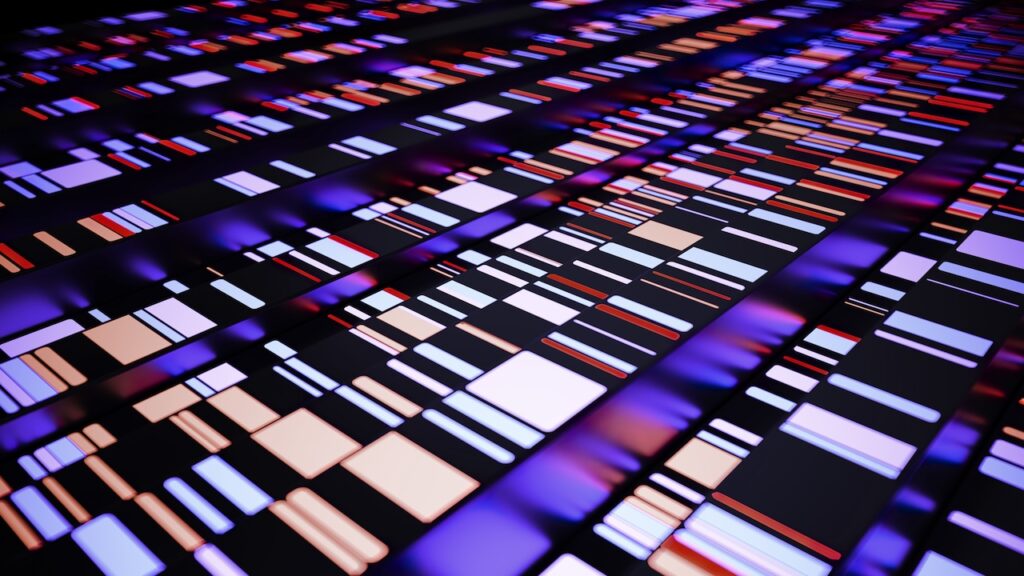 Complex genetic sequences using advanced technology, showcasing vibrant patterns and colors in a laboratory environment during the experiment. DNA sequencing concept.