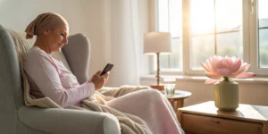 Woman with headscarf using a smartphone to find the best app for breast cancer symptom tracking.