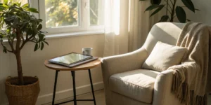 A tablet with an app to track lung cancer treatment and tests sits next to a notebook.