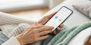 A person using a lung cancer support app on their phone to track symptoms and manage their care.