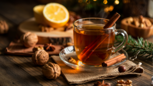hot herbal cinnamon tea with lemon and festive decorations
