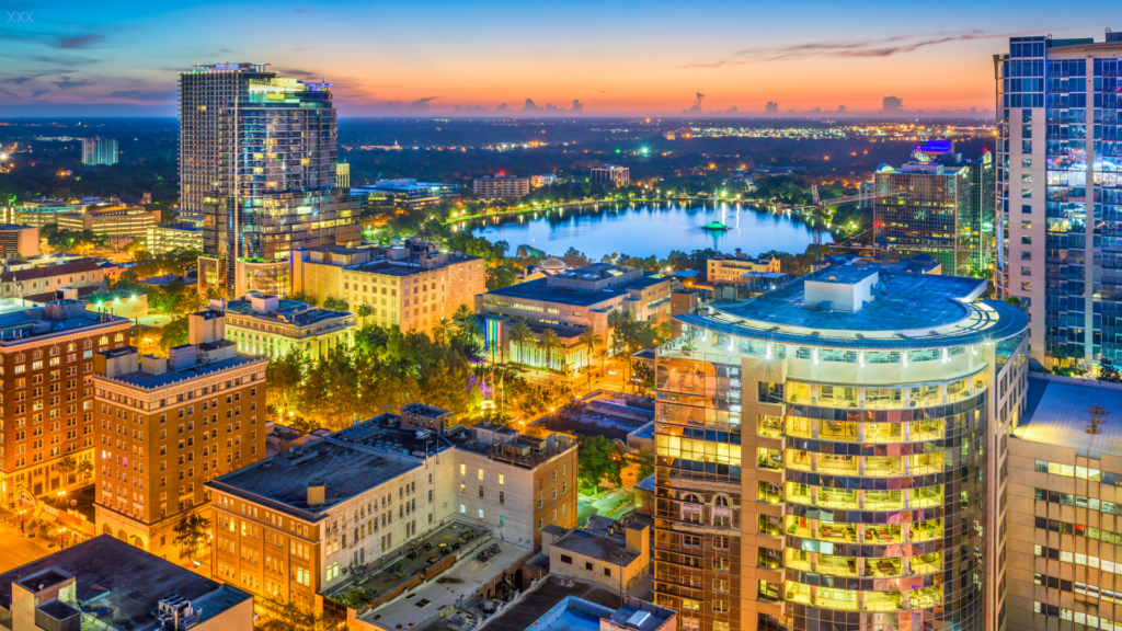 skyline of orlando florida at sunset