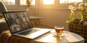 A person on a laptop participates in an online bladder cancer support group.