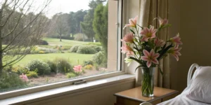 Pink flowers in a vase offering hope for a positive breast cancer prognosis.