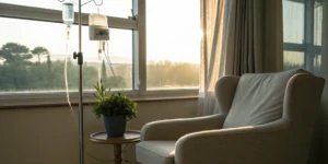 An infusion chair and IV drip stand ready for first-line treatment of non-small cell lung cancer.