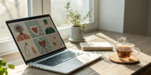 A patient uses a laptop and notebook to learn how to read NCCN guidelines.