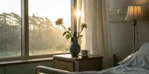 A sunlit hospital room offering hope for understanding a lung cancer prognosis.