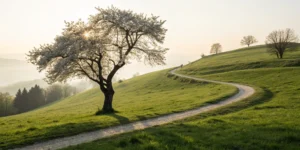 A winding path toward a sunrise, showing the journey through lung cancer stages and life expectancy.