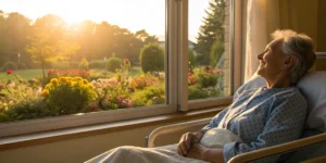 An elderly patient with lung and liver cancer smiling peacefully in a hospital bed.