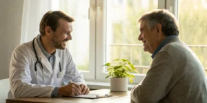 Doctor and older patient discussing stage 4 prostate cancer treatment and prognosis.