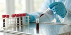 Lab technician handling a blood sample, a key part of the BRCA testing cost.