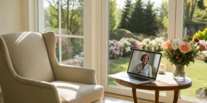 A laptop displays an online cancer care support group in a comfortable home setting.