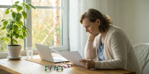 Woman reviewing genetic testing results for breast cancer risk.