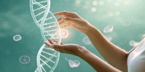 Genetic testing for breast and ovarian cancer genes shown by hands on a DNA helix.