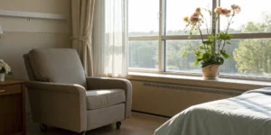 A hospital room for a patient managing side effects after lung cancer surgery.