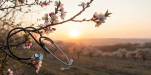 Stethoscope on a blooming branch, representing new treatment options for non-small cell lung cancer.