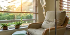 Infusion chair with an IV drip for stage 4 prostate cancer treatment options.