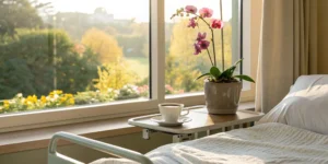 A hospital room focused on supportive care for stage 4 non-small cell lung cancer treatment.