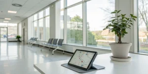 Tablet displaying an app to find lung cancer clinical trials.