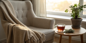 A cozy chair where a breast cancer survivor finds support in online forums.