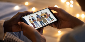 A person using a smartphone to connect with a cancer support community app.