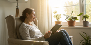 Woman using an app to manage her breast cancer treatment.