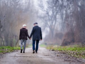 Back view of a mature couple talking a walk in the park.