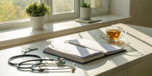 An organized medical binder for a cancer patient with a stethoscope and pen.