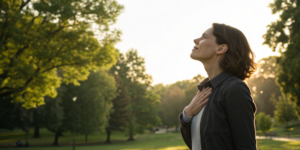 Woman with hand on her chest, sharing her story of managing breast cancer pain and symptoms.