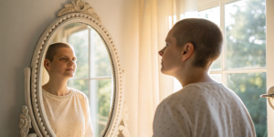 Person examining their face in a mirror for signs of cancer in the nerves of the face.