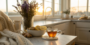 Cup of ginger tea with lemon and fresh ginger for cancer nausea relief.