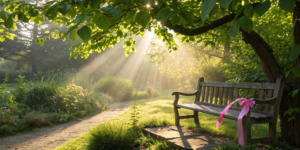 A pink ribbon on a sunlit bench, sharing hopeful stories from 20-year breast cancer survivors.